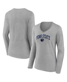 Женская футболка с длинным рукавом и v-образным вырезом с логотипом Heather Grey Penn State Nittany Lions Evergreen Campus Fanatics, серый
