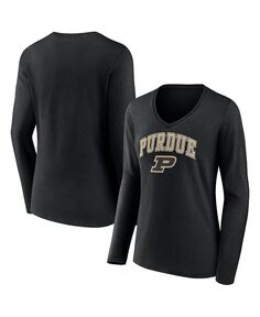 Женская черная футболка с v-образным вырезом и длинными рукавами с логотипом Purdue Boilermakers Evergreen Campus Fanatics, черный