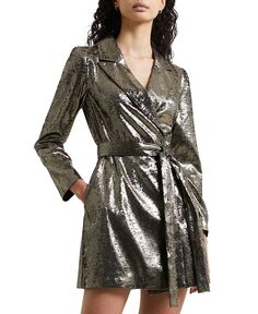 Женское платье металлик с запахом и длинными рукавами French Connection, серебро