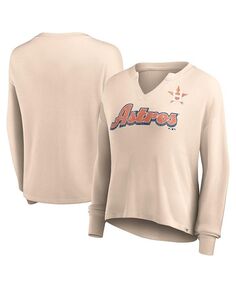 Женская фирменная кремовая рваная футболка Houston Astros Go For It вафельной вязки с длинными рукавами и вырезом в горловине Fanatics, тан/бежевый
