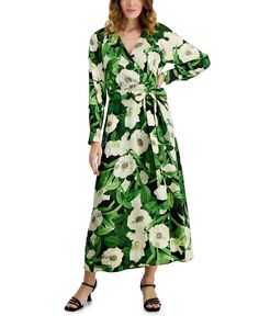 Женское платье макси с v-образным вырезом и искусственным запахом с цветочным принтом Anne Klein, зеленый