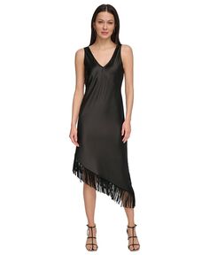Женское асимметричное платье-комбинация с бахромой DKNY, черный