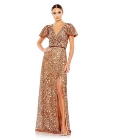 Женское драпированное платье с пайетками и запахом поверх рукавов-бабочек Mac Duggal, золото