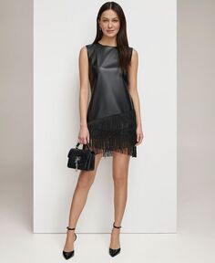 Женское платье без рукавов из искусственной кожи с бахромой DKNY, черный