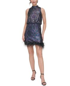 Женское платье с воротником-стойкой с отделкой перьями и пайетками Eliza J, черный