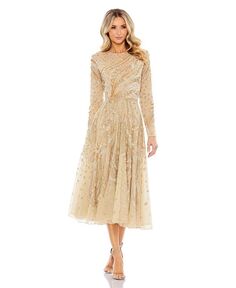 Женское украшенное иллюзионное платье с высоким воротником и длинными рукавами Mac Duggal, цвет Latte