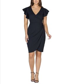 Женское платье длиной до колена с v-образным вырезом и рюшами на рукавах 24seven Comfort Apparel, черный