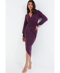Женское платье миди со сборками и запахом спереди QUIZ, фиолетовый