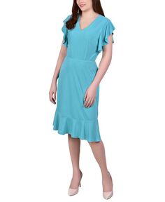 Миниатюрное платье с короткими развевающимися рукавами и воланами NY Collection, синий