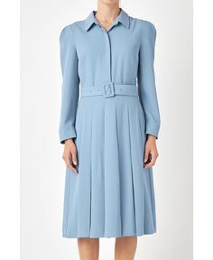 Женское миди-платье со складками и воротником с длинными рукавами English Factory, синий