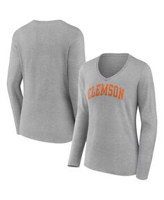 Женская футболка с логотипом Heather Grey Clemson Tigers Basic Arch с длинными рукавами и v-образным вырезом Fanatics, серый