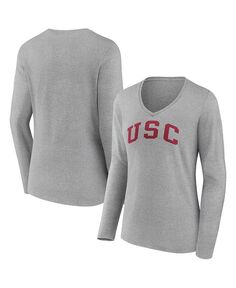 Женская фирменная футболка цвета вереска серого цвета USC Trojans Basic Arch с длинными рукавами и v-образным вырезом Fanatics, серый