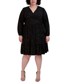 Платье больших размеров с искусственным запахом и длинными рукавами с принтом Robbie Bee, черный