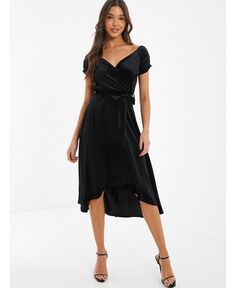 Женское бархатное вечернее платье с открытыми плечами и рюшами QUIZ, черный