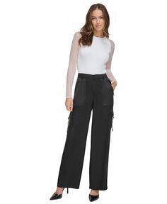 Женские атласные широкие брюки карго с боковыми карманами DKNY, черный