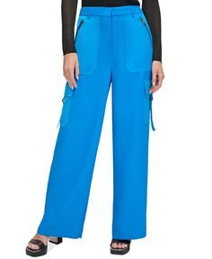 Женские атласные широкие брюки карго с боковыми карманами DKNY, синий