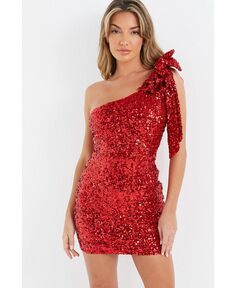 Женское облегающее платье с пайетками и бантом на одно плечо QUIZ, красный