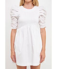 Женское мини-платье со складками и пышными рукавами English Factory, белый