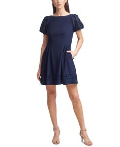 Миниатюрная модель с кружевной отделкой Расклешенное платье Jessica Howard, синий