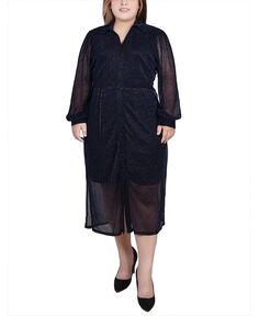 Плиссированное сетчатое платье больших размеров с длинными рукавами и поясом NY Collection, синий