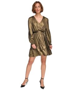 Женское многоуровневое платье металлик с v-образным вырезом и длинными рукавами DKNY, золото