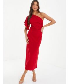 Женское платье на одно плечо с оборками и рукавами QUIZ, красный