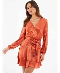 Женское атласное платье приталенного кроя с бахромой и поясом QUIZ, оранжевый