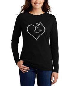 Женская футболка с длинным рукавом Cat Heart Word Art LA Pop Art, черный