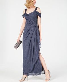Платье цвета металлик с драпировкой и открытыми плечами Alex Evenings, серый