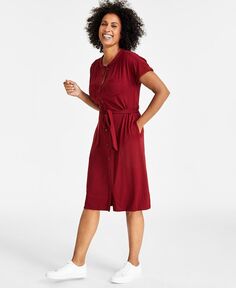 Женское трикотажное платье-рубашка с короткими рукавами и поясом Style &amp; Co, красный