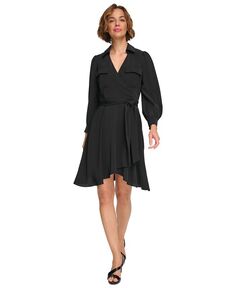 Женское платье с объемными рукавами и искусственным запахом DKNY, черный