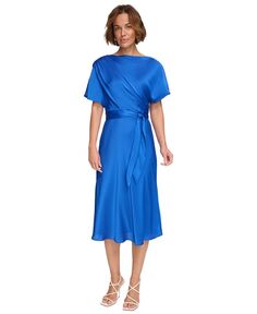 Женское платье миди с воротником-хомутом и рукавами «летучая мышь» с поясом DKNY, синий