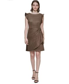 Женское платье-футляр из искусственной замши с драпировкой по бокам DKNY, тан/бежевый
