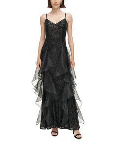Женское платье с V-образным вырезом, каскадными рюшами и пайетками Eliza J, черный