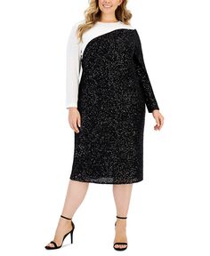Платье больших размеров с длинными рукавами, расшитое пайетками и цветными блоками Anne Klein, черный