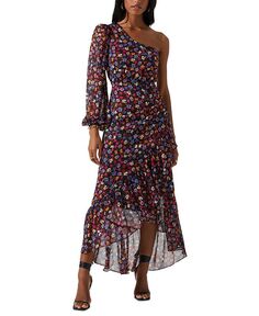 Женское платье миди Calista с асимметричным вырезом и цветочным принтом ASTR the Label, синий