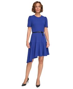 Женское платье с асимметричным подолом и рюшами с поясом и поясом DKNY, синий