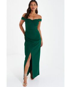 Женское платье макси с открытыми плечами и запахом, со сборками QUIZ, зеленый