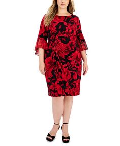 Платье-футляр больших размеров с присборенной талией и рукавами 3/4 Connected, красный