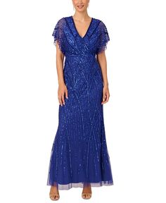 Женское украшенное платье с развевающимися рукавами Adrianna Papell, синий