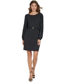 Платье с плиссированными рукавами и поясом, круглым вырезом DKNY, черный