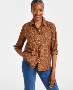 Женская хлопковая рубашка на пуговицах с идеальным принтом Style &amp; Co, коричневый
