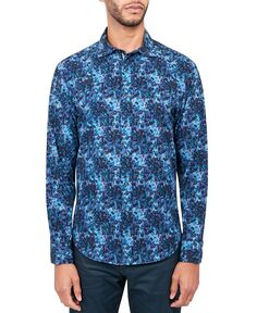 Мужская эластичная рубашка на пуговицах с абстрактным цветочным принтом обычного кроя без утюга Society of Threads, цвет Blue