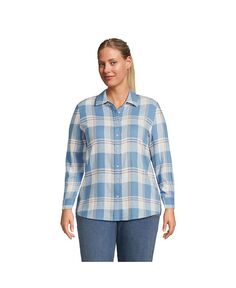 Женская фланелевая рубашка с длинным рукавом для бойфренда больших размеров Lands&apos; End, цвет Ivory/muted blue plaid