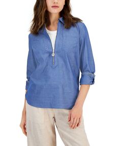 Женская хлопковая рубашка с молнией до половины Tommy Hilfiger, синий