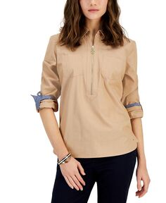 Женская хлопковая рубашка с молнией до половины Tommy Hilfiger, коричневый