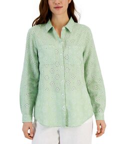 Женская льняная рубашка на пуговицах с люверсами Charter Club, зеленый