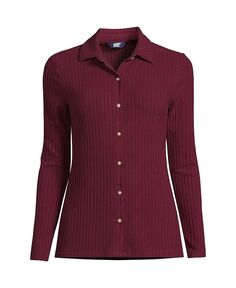 Женская рубашка поло с длинными рукавами и широкими пуговицами в рубчик спереди больших размеров Lands&apos; End, красный