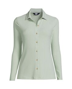 Женская рубашка поло с длинными рукавами и широкими пуговицами в рубчик спереди больших размеров Lands&apos; End, зеленый