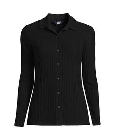 Женская рубашка поло с длинными рукавами и широкими пуговицами в рубчик спереди Lands&apos; End, черный